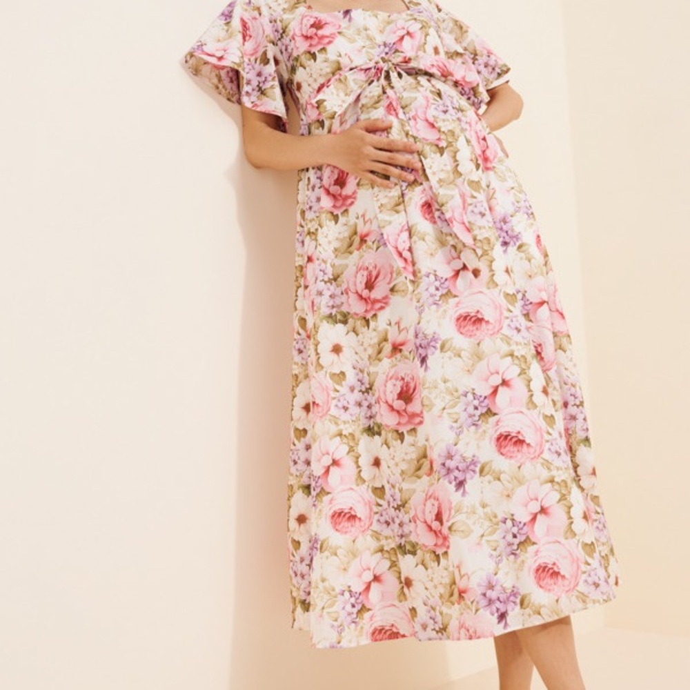 Floral Maternity Short Sleeve Tie Front Midi Dress